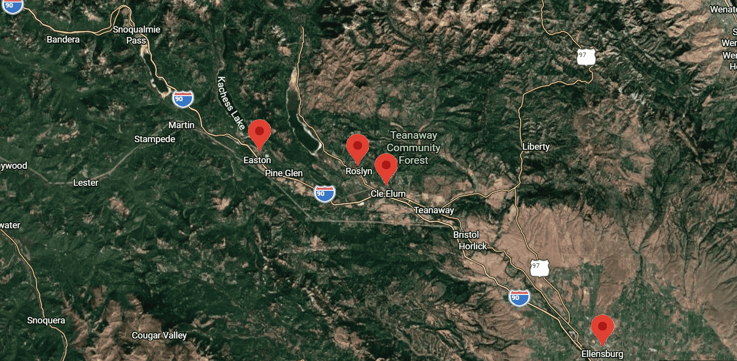 Roslyn, Cle Elum & Upper Kittitas County — Local Guide & Business Directory 2 Easton Roslyn Cle Elum Ellensburg pin map